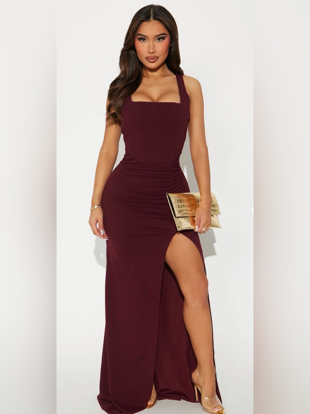 Sleeveless Square Neck Burgundy Maxi Dress with Side Slit